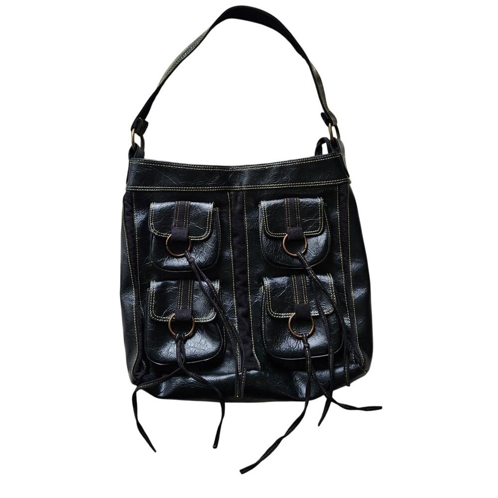 Candie’s Y2K Vintage Hobo Shoulder Bag Black Faux Leather O-Ring Pockets